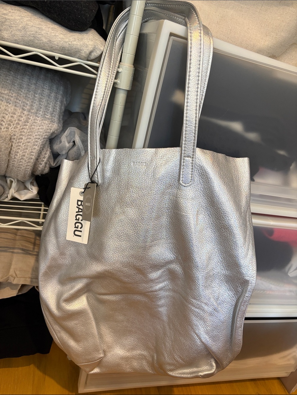 BAGGU Silver Metallic Leather Tote